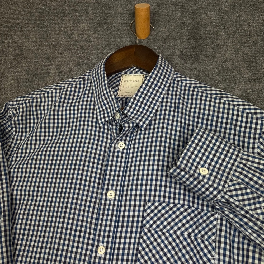 Billy Reid Button Down Shirt Mens L Navy Gingham Cotton Long Sleeve Standard Cut